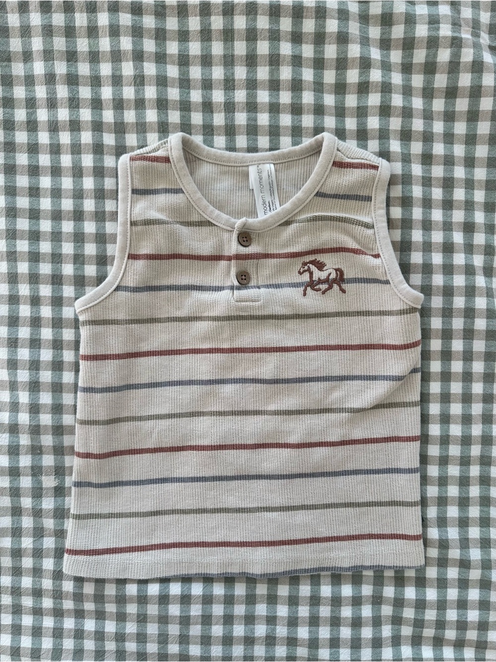 Cream Tank Top with Red and Blue Stripes and Horse Embroidery